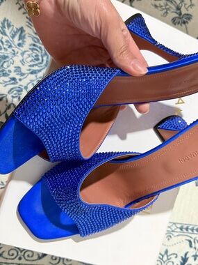 Amina Muaddi Electric Blue Crystal-Embellished Slingback Heels